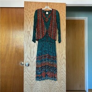 Carole Little Teal and Rust Patterned Maxi Dress